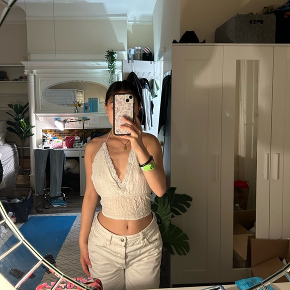 White shimmer linen tie back halter neck top size m - Picture 6 of 6